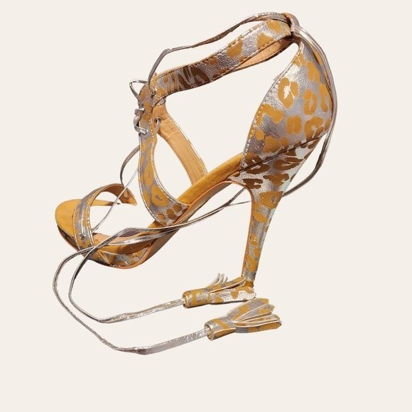 Colin Stuart Metallic Leopard Cheetah Animal Print Gold Silver Lace Up Wrap heel - Picture 16 of 16